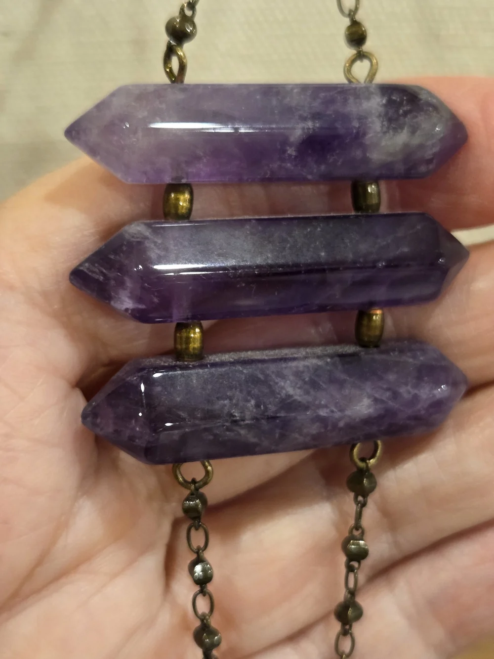 Amethyst Crystal Triple Bar Pendant Necklace - Total Drop 24